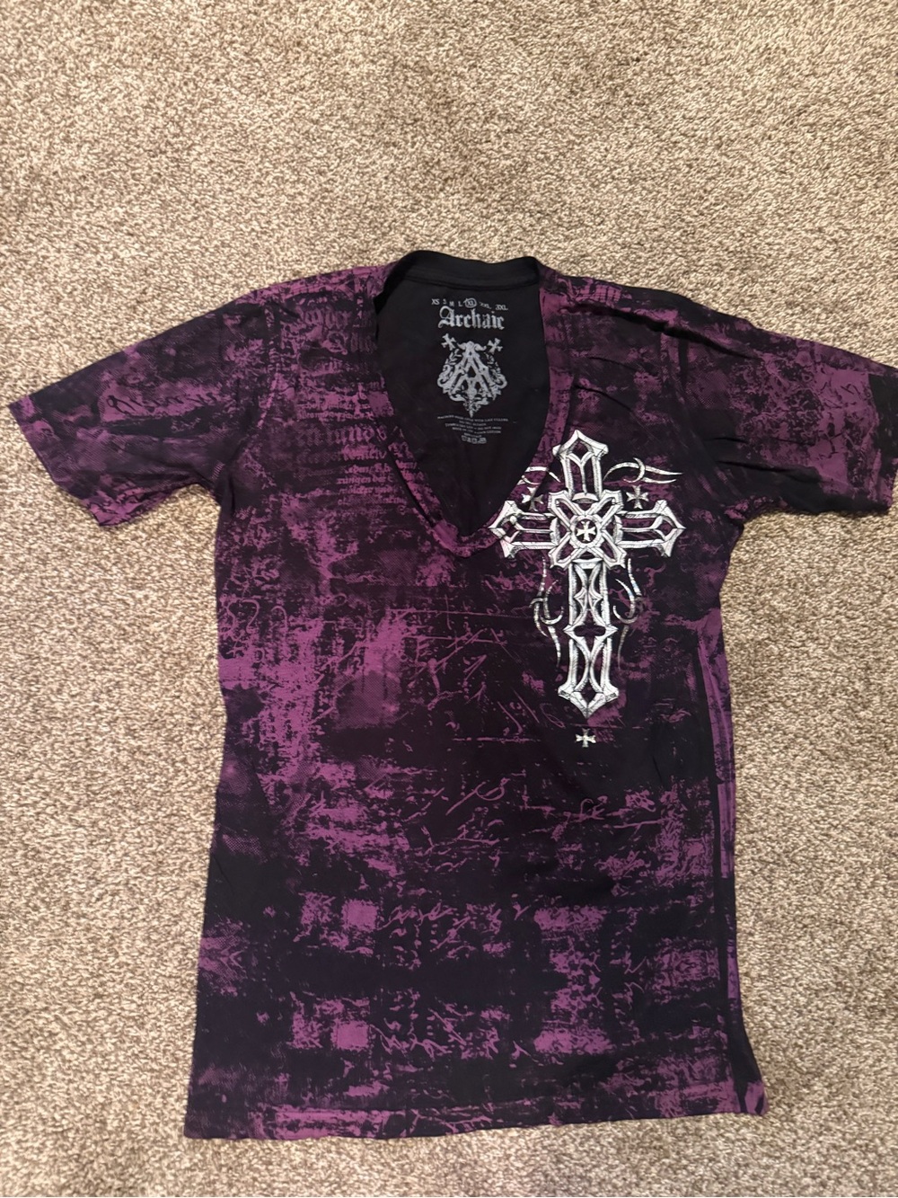 Archaic Purple & Black V-Neck Tee with White Cross Graphic